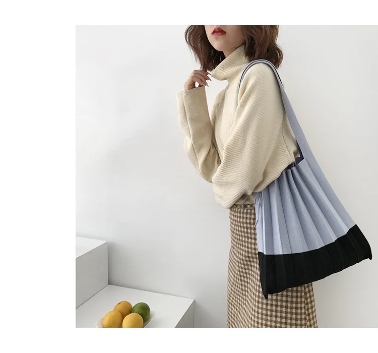 Wool knitting Pleated Bags Patchwork Drawstring Shopping Bags Girls Causal Large Shoulder Bag Korean Japanese Chic Small Handbag