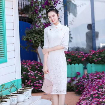 

Sexy White Lace High Split Chinese Women Dress Vestidso Casual Sleeve Elegant Qipao Vintage Button Mandarin Collar Cheongsam