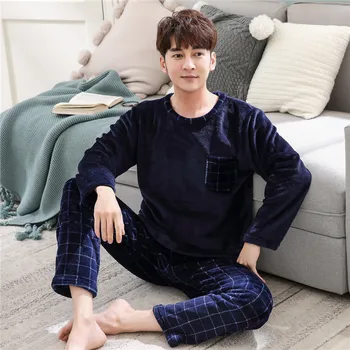 

Autumn Winter Pyjama for Young Men Pajamas Set Warm Flannel Male Long-sleeve Loose Men Homewear Coral Fleece Sleepwear Top+ Pant
