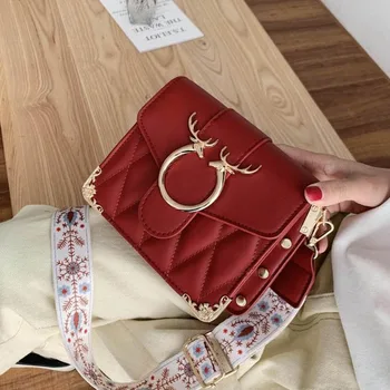

2020 Wide Shoulder Strap Messenger Bag Crossbody Bags For Women Fashionable Small Square Bolsa Sac Fashion Leather Deer Metal