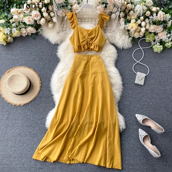 

JoinYouth Beach Style Solid 2 Piece Set Women Chic Sweet Ruffles 2020 Summer Two Piece Set Korean Ropa Mujer Fashion J686