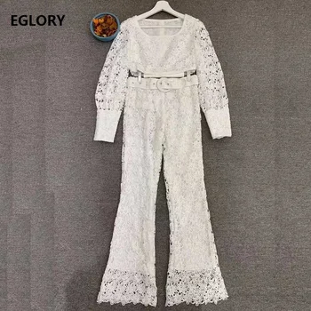 

High Quality Lace Suits 2019 Autumn Fashion Crop Sets Women Crochet Lace Long Sleeve Tops+Full Length Lace Pant Set Female Suit