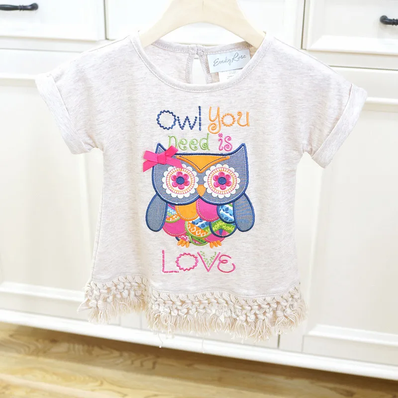 

Girls Cotton Autumn Half-sleeve Shirt Applique Tassels GIRL'S Shirt