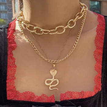 

2Pcs Vintage Multi Layer Cobra Pendant Necklace Set Hiphop Personality Cuban Chunky Chain Choker Necklace Statement Jewelry Gift