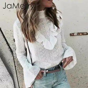 

JaMerry Elegant ruffled cotton blouse women Stand neck embroidery female autumn tops shirts Long sleeve office ladies white tops