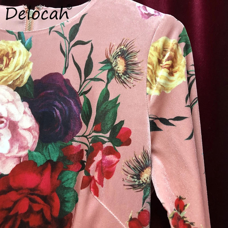 Delocah, Осень-зима, новое женское платье, подиум, модное, дизайнерское, длинный рукав, пион, принтованное, элегантное, тонкое, праздничное, женское платье
