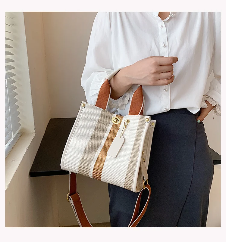 Fashion Striped Canvas Women Shoulder Bag Big Capacity Shopper Bags For Women Casual Wide Strap Handbag Women's Bag Commute Tote