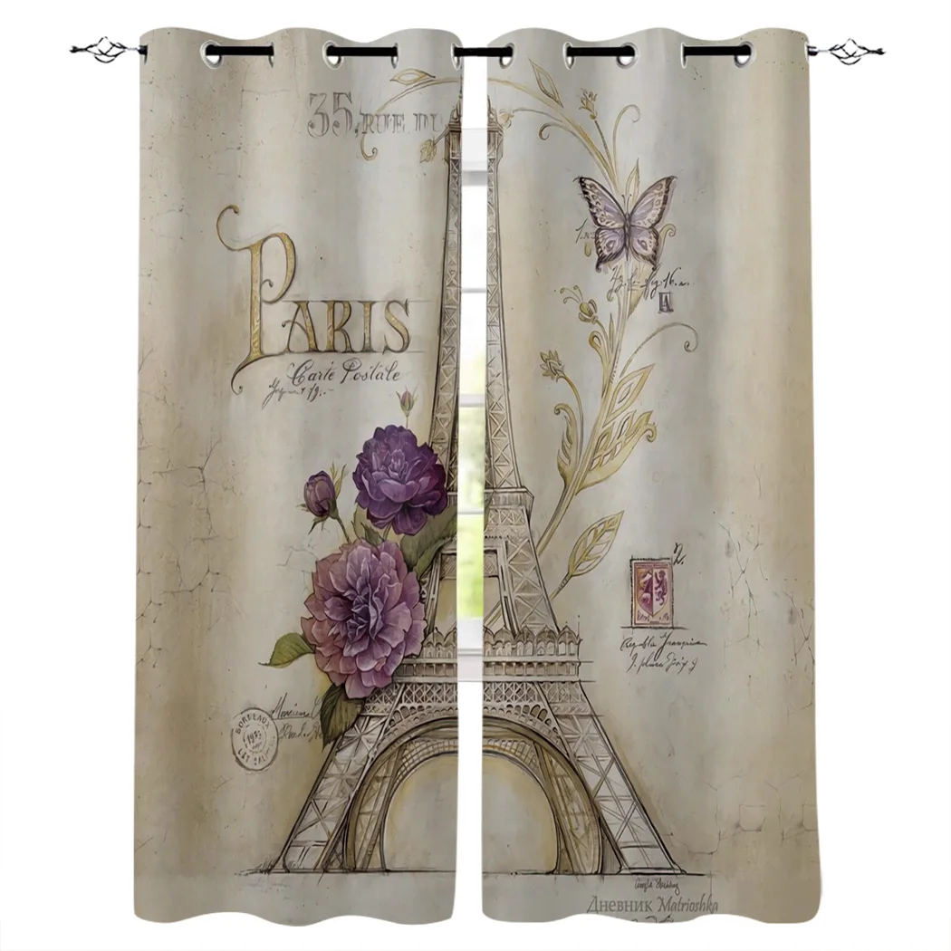 

Retro Butterfly Paris Tower Flowers Curtains Window Living Room Curtains Kitchen Indoor Window High Blackout Curtain Thick