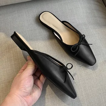 

100% Genuine leather women slippers flat square heels summer women shoes sweet bowties ladies casual shoes