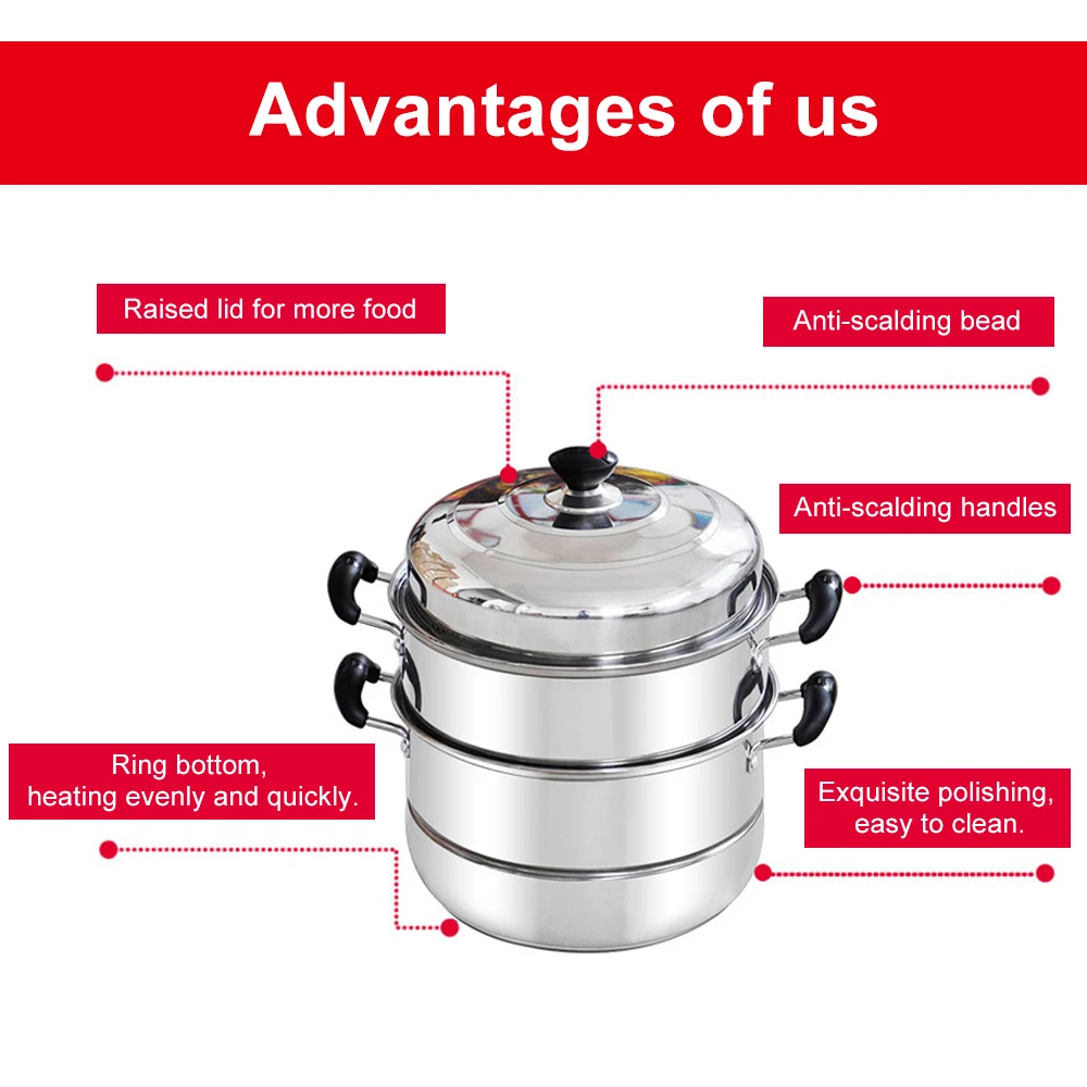 Паровой горшок SUS560-3 Толстая трехслойная посуда для пароварки из нержавеющей стали с 2 перфорированными стальными вставками