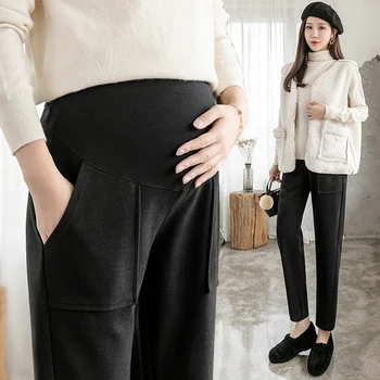 임신 한 여성 옷감 바지 가을 겨울 하늘 두꺼운 레깅스와 함께 wen의 복부 바지 외부 느슨한 피팅 엄마 청바지