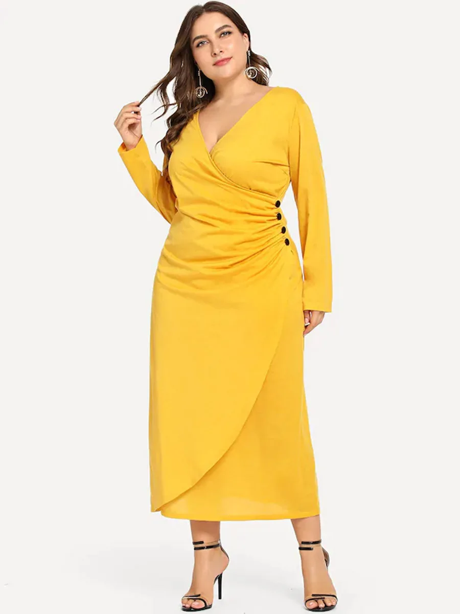 

Plus Size Dress 2019 Autumn New V-neck Long-sleeved Waist Slim Button Decoration Dress Yellow Green Women Long Casual Dress 5xl