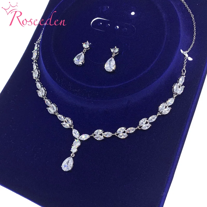 Elegant Teardrop Full Cubic Zirconia CZ Crystal Necklace and Earring Bridal Jewelry Set RE3681