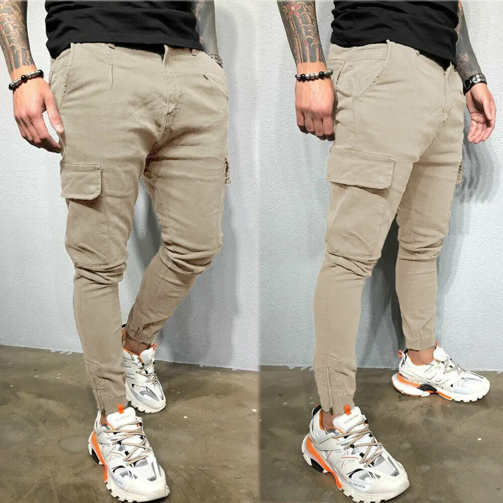 Новые мужские модные брюки-карго хип-хоп с карманами, облегающие длинные брюки, мужские весенне-осенние джоггеры, повседневные однотонные узкие брюки, большие размеры - Цвет: Хаки