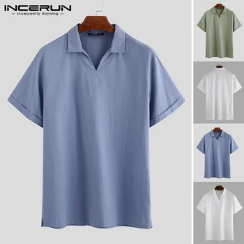 

INCERUN Men's Shirt Lapel Vintage Loose Street Cotton Breathable Solid 2020 Camisas Hombre Short Sleeve Casual Shirts Men S-5XL