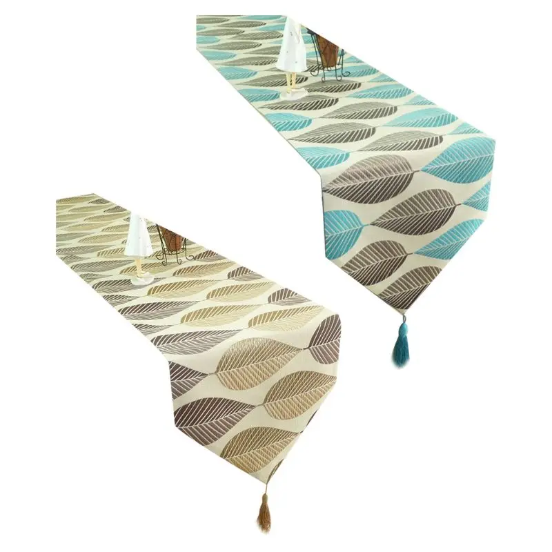 

Table Runner Linen Cotton Leaf Jacquard Party Long Table Cover X4YD