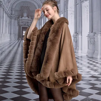 

Z889 Luxury Large Hairy Collar Cloak Autumn and Winter Imitation Rex Rabbit Hair Shawl Womens Ponchos