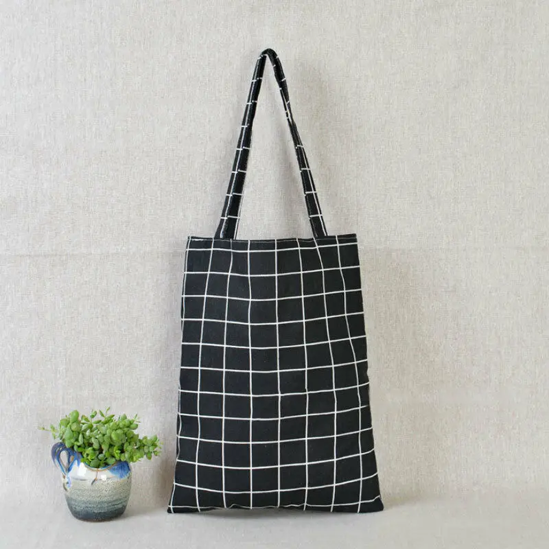 Новая модная женская хлопковая льняная эко многоразовая сумка для покупок с короткими ручками Сумка клетчатая сумка через плечо черно-белая