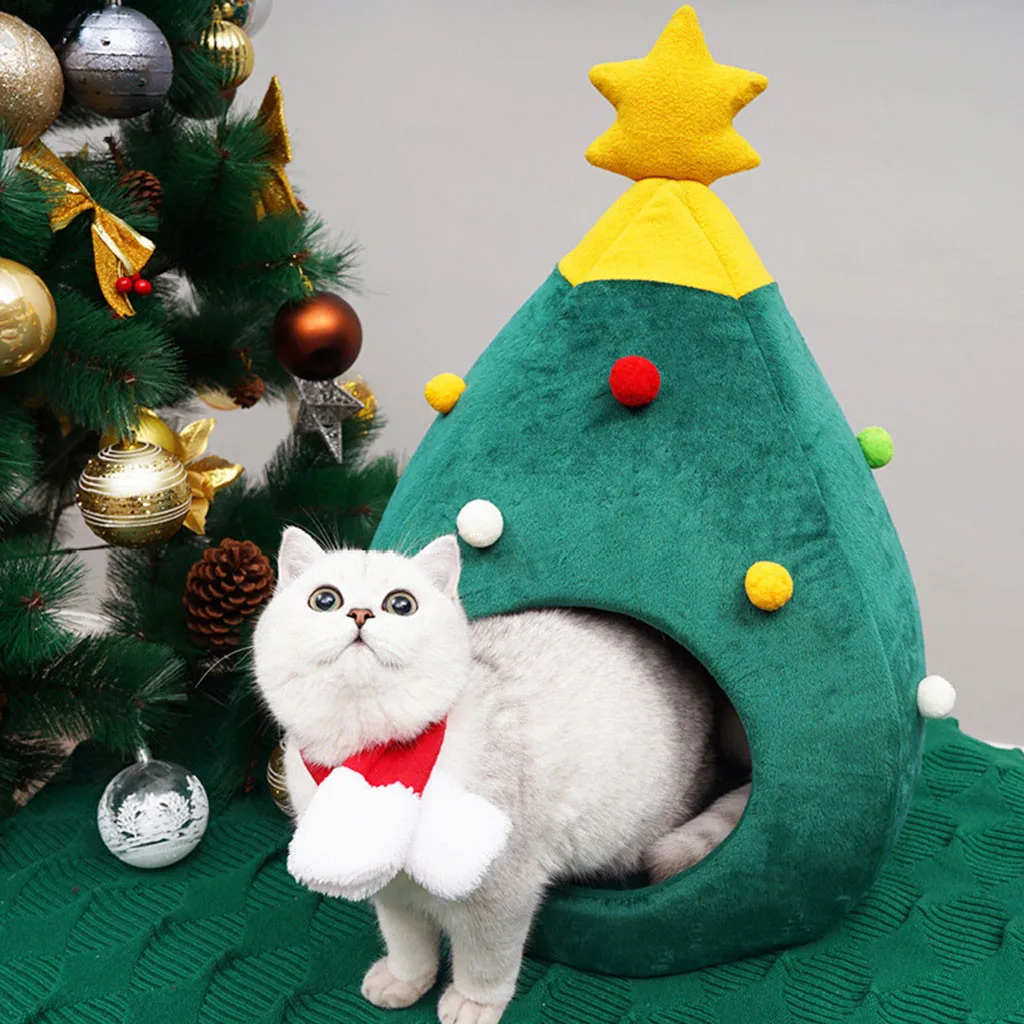 Hot sell Pet Cat Bed Indoor Kitten House Warm Half Closed Sleeping Bag Pet House Nest Cat Basket Portable Christmas Mats Winter