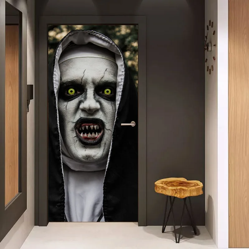 Halloween Creative Horror Door Stickers Nun with Vampire Teeth 3D Art Wall Sticker Scary Halloween Party Props Home Decor Halloween Creative Horror Door Stickers Nun with Vampire Teeth 3D Art Wall Sticker Scary Halloween Party Props Home Decor