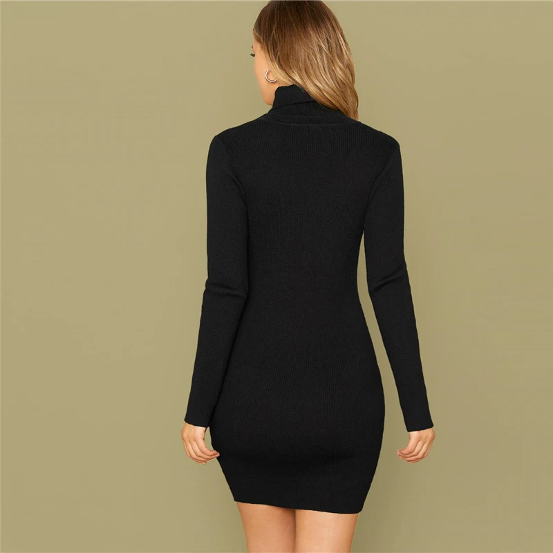 SHEIN Black Solid Slim High Neck Sweater Dress Without Necklace Women Winter Long Sleeve Fitted Elegant Bodycon Mini Dresses