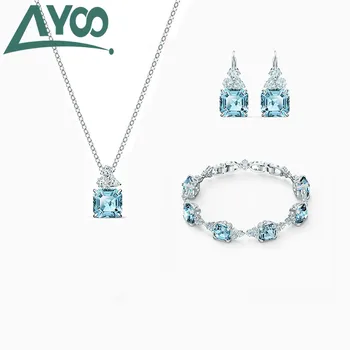 

AYOO high quality 2020 new charm wild blue square crystal shape female necklace bracelet earring set jewelry for women