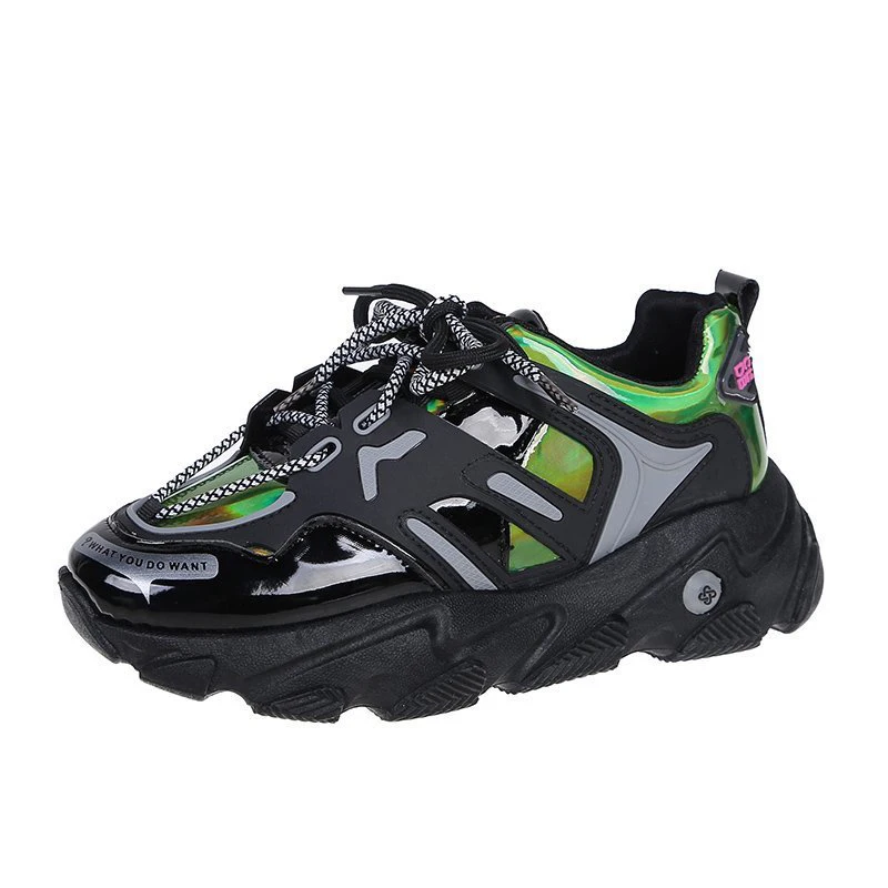 

Autumn Winter Women Clunky Sneaker 2020 Wave Bottom Tide Laser Reflective Round Toe Cross Straps Street Shooting Sneakers Women