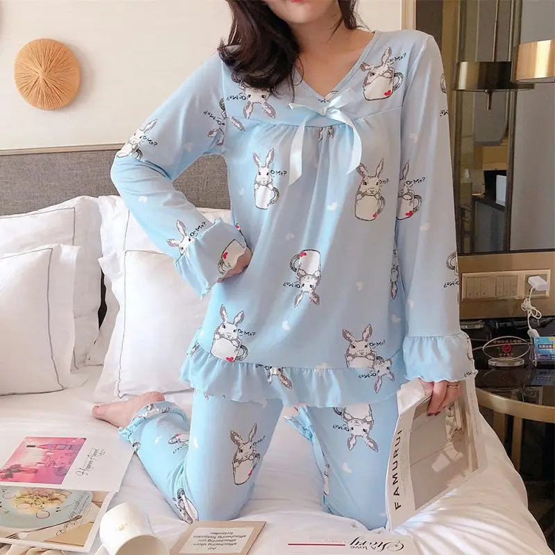 Осенняя Шелковая пижама с круглым вырезом и милым бантиком для женщин размера плюс, женская одежда для сна,, комплект из 2 предметов для сна для девочек, ночная рубашка