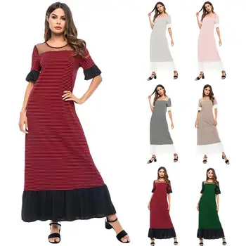 

Muslim Women Ruffle Stripe Long Maxi Dress Summer Abaya Arab Kaftan Jilbab Robe Round Collar Short Sleeve Patchwork Draped New