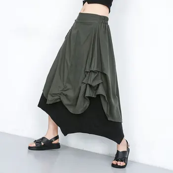 

2020 Women Spring New High Elastic Waist Black Green Pleated Irreguar Spit Half Body Skirt Casual Patchwork Fashion Big Size