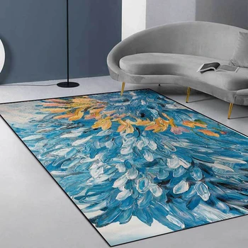 

Abstract Art Carpet Living Room Blue Yellow Oil Painting Flowers Print Area Rugs Bedroom Bedside Decor Anti-Slip Large Floor Mat