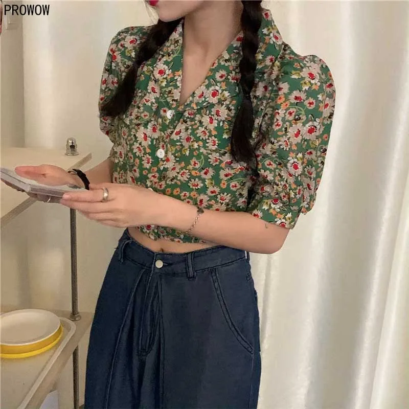 Green Floral Puff Sleeve Tops Women 2020 Summer New Retro Boho Leisure Shirt Korean Elegant Sweet Shirt Tops Lady