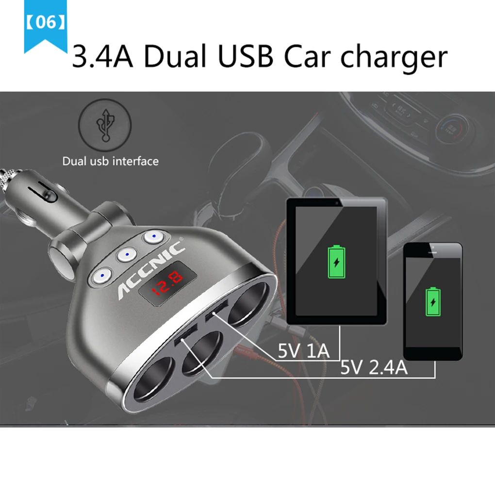 ACCNIC 3 в 1 Универсальный двойной зарядное устройство USB напряжение цифровой дисплей автомобиля прикуриватель сплиттер