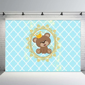 

7x5ft Light Blue Moroccan Patten Gold Crown Teddy Bear Baby Shower Custom Photo Studio Background Backdrop Vinyl Photo Backdrop