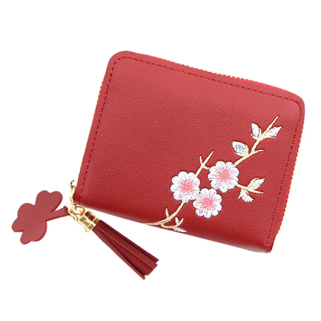 Wine Cartera mujer, уличная мода, сплошной цвет, цветок, бахрома, кожа, кошелек для карт, женский, маленький, для изменения, мини, для денег, сумочка, portfel - Цвет: Wine