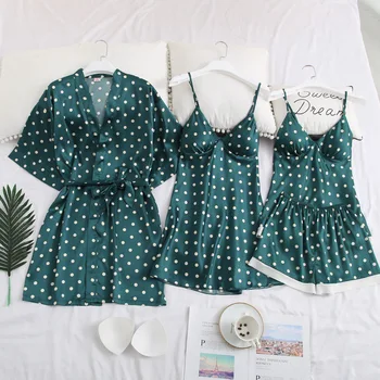 

Dot Female 4PCS Robe Set Sleepwear With Bra Soft Kimono Bath Gown Nightwear Sexy Nightgown Intimate Lingerie V-neck Homewear