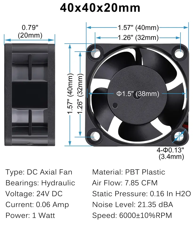 Pengda Technology Ventola 40mm 40x40x20 02 24V DC Air Fan 4cm 2 Fili - Foto 7