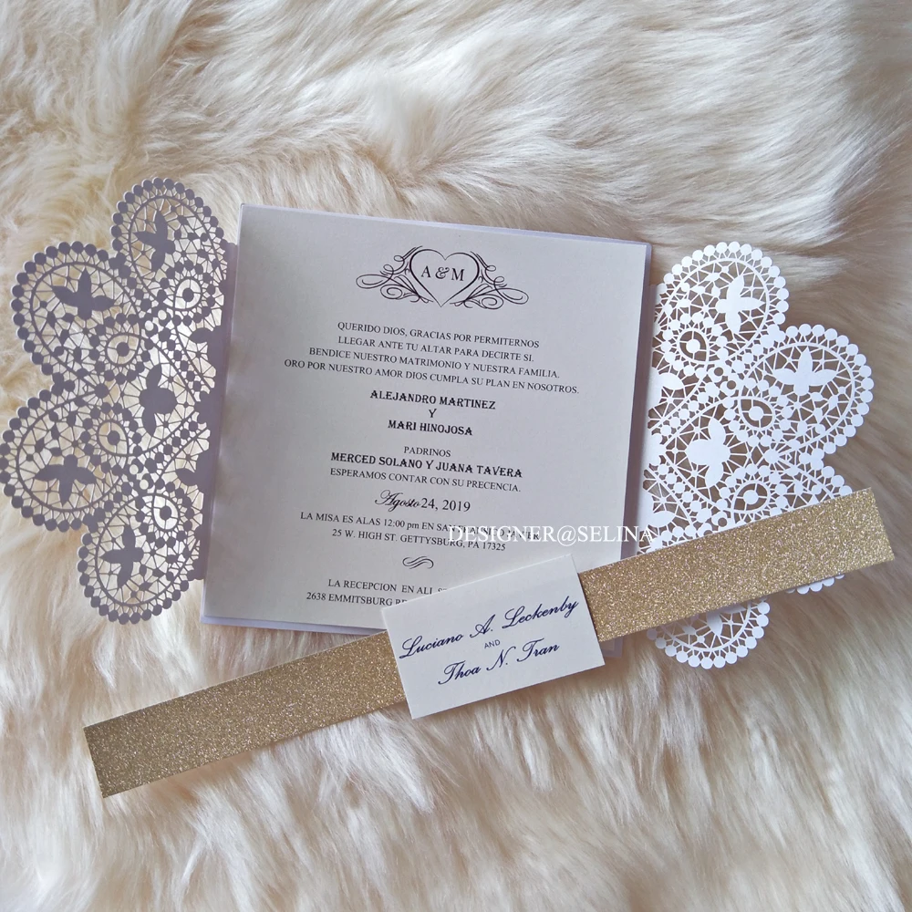 

White Shiny Wedding Invitation with Tag And Glitter Belt, Laser Cut Quinceanera Invitations, DIY Invitations , 20+Color