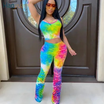 

HAOYUAN Sexy Tie Dye Print Two Piece Set Summer Clother for Women Tracksuit Crop Top Stacked Pants Club Outfits Matching Sets