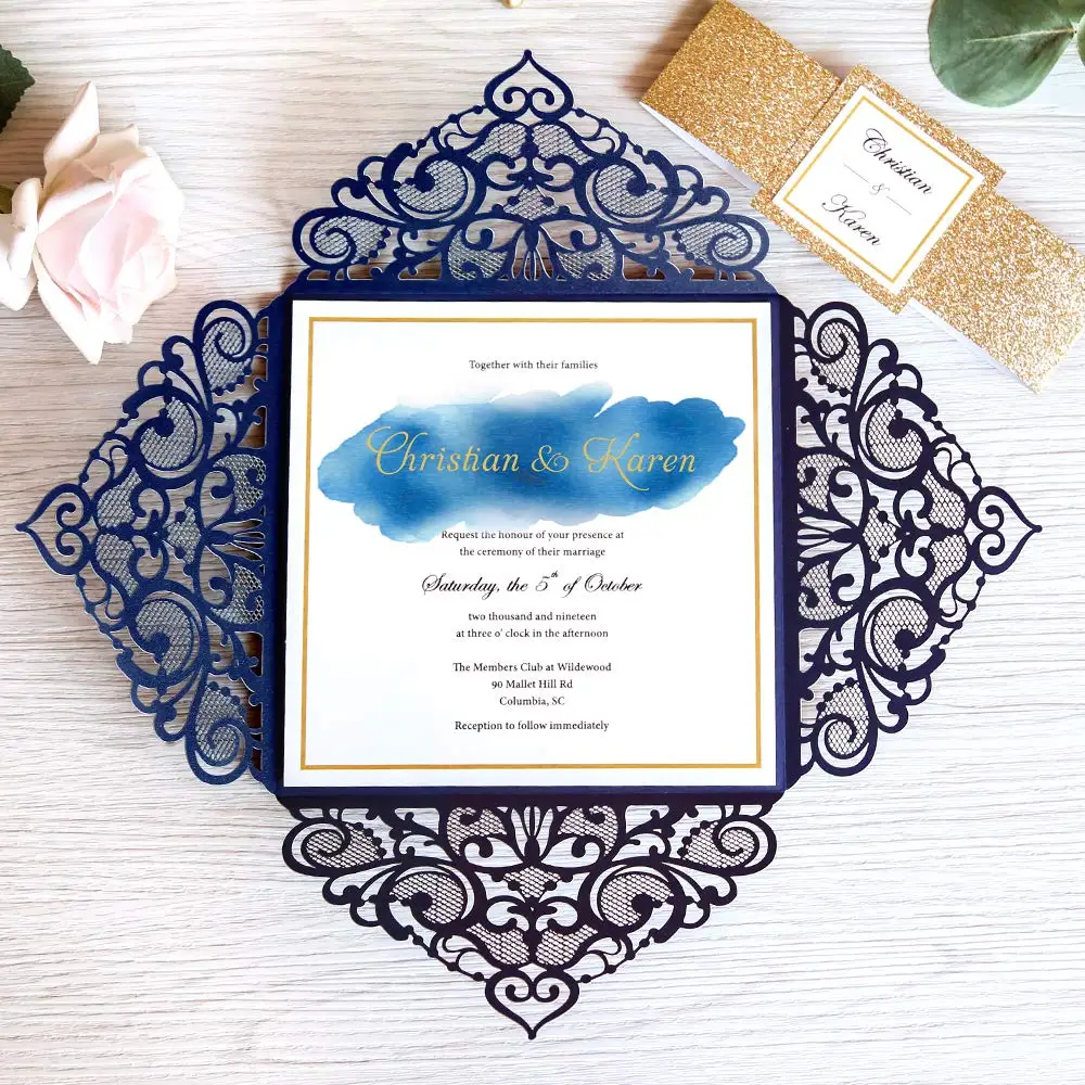 

100pcs Navy Blue Square Glitter Paper Laser Cut Wedding Invitation Card With Personalized Wedding Decor Party Supplies