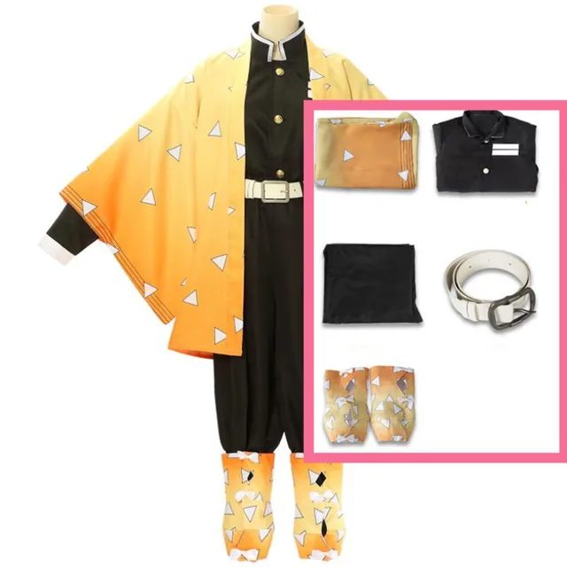 Adult Kids Anime Demon Slayer Cosplay Costume Agatsuma Zenitsu Kimetsu no Yaiba Men Kimono Yellow Uniform A2 only costume