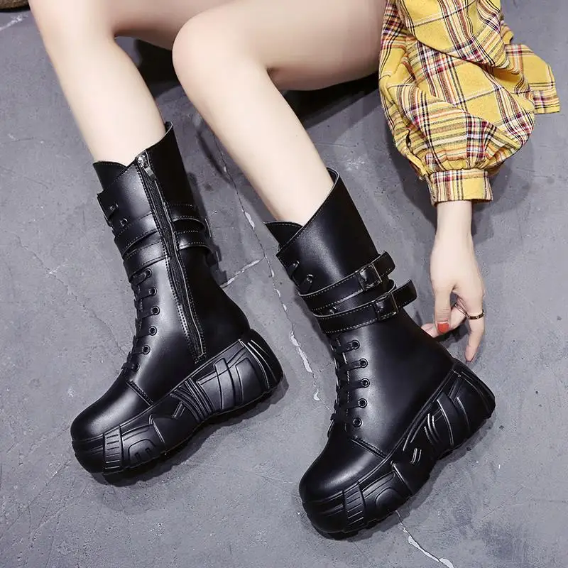 Women Mid Calf Knight Boots NEW Women's Boots Thick Bottom Platform Plush Winter Warm Gladiator Shoes Black