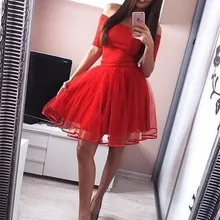 Красное домашнее платье с коротким рукавом, с открытыми плечами, на молнии, мягкий тюль, мини вечерние платья, коктейльное платье, выпускное платье