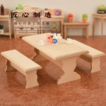 

Mini Furniture Model Miniature Wooden Long Table and Chair Set Model Decoration