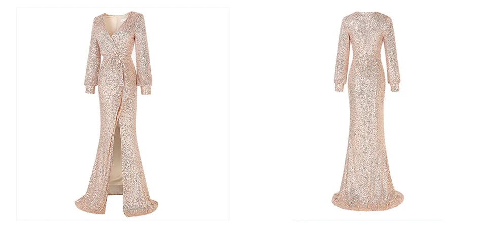 Skyyue Evening Dress High Split Women Party Dress HQ001 Plus Size Robe De Soiree New Long Sleeved Gold Sequins Formal Gown