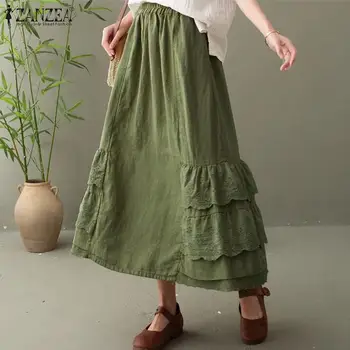 

ZANZEA Casual Loose Solid Sundress Lace Long Maxi Robe Women Summer Elastic Waist Skirts Holiday Pockets Faldas Saia Plus Size