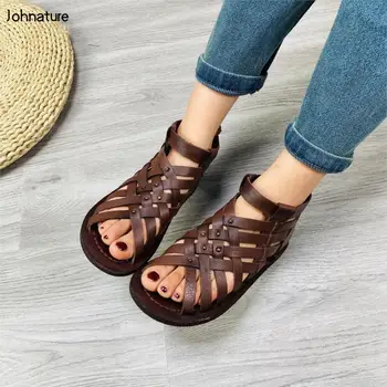 

Johnature Retro Women Sandals 2020 New Summer Genuine Leather Women Shoes Flat With Sewing Casual Zip Weave Ladies Sandals
