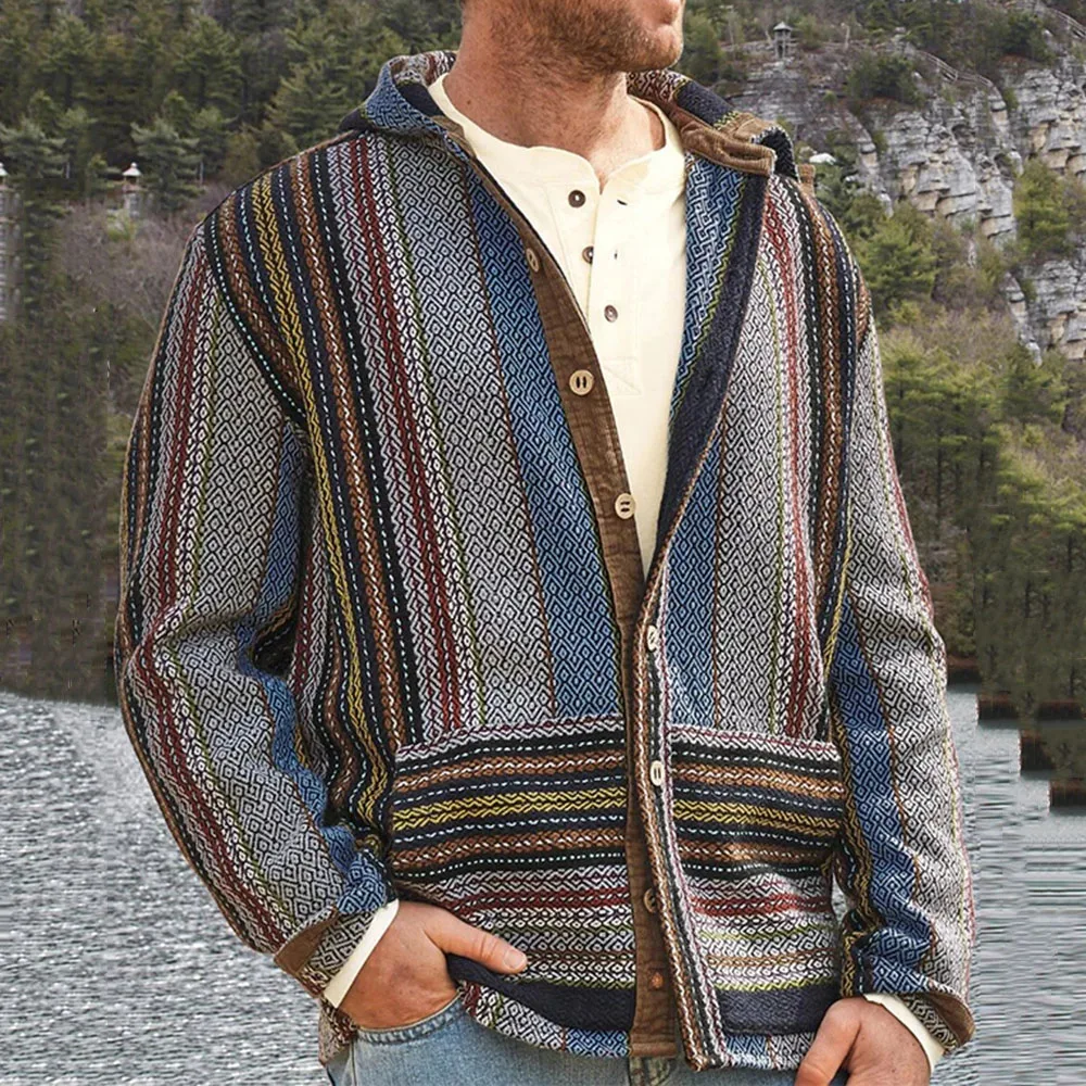 

Slim Fit Knitting Sweater Winter Hooded Cardigan Male Long Sleeve Casual Striped Sweater Men Plus Size Button Knit Outwear
