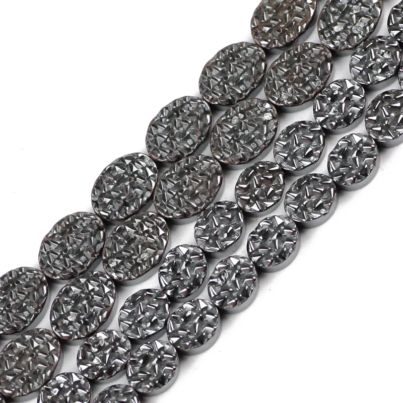 

YHBZRET Flat Oval Carving Black Hematite Natural Stone Spacer 8/10MM Loose beads For Jewelry making bracelet DIY Accessories
