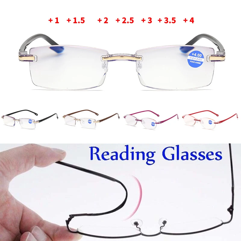 Men's frameless diamond cut light blue film full-length anti-blue light reading glasses +1.0 +1.5 +2.0 +2.5 +3.0 +3.5 +4.0 prescription blue light glasses